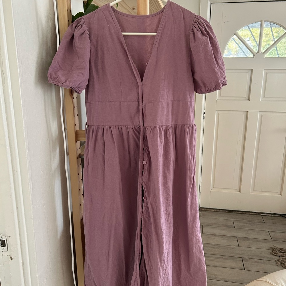 Elegant Purple 100% Cotton Button-Down Dress